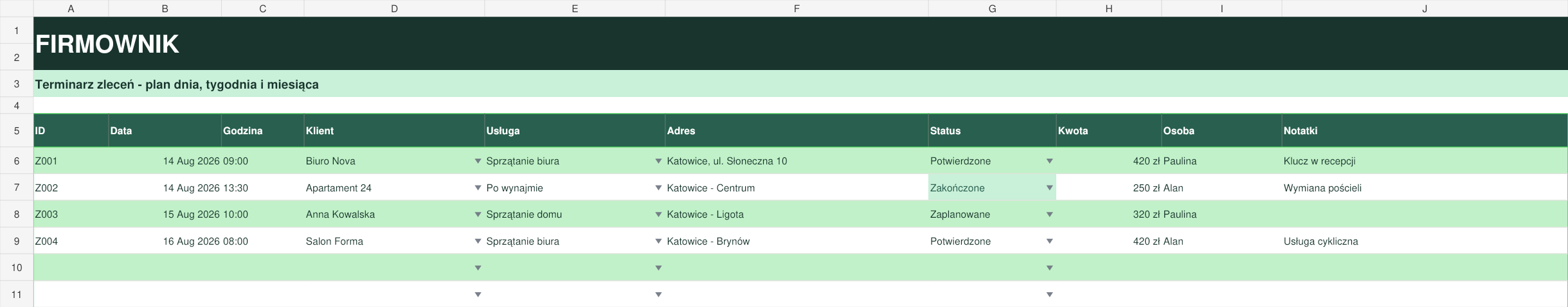 Terminarz zleceń w arkuszu Firmoplan
